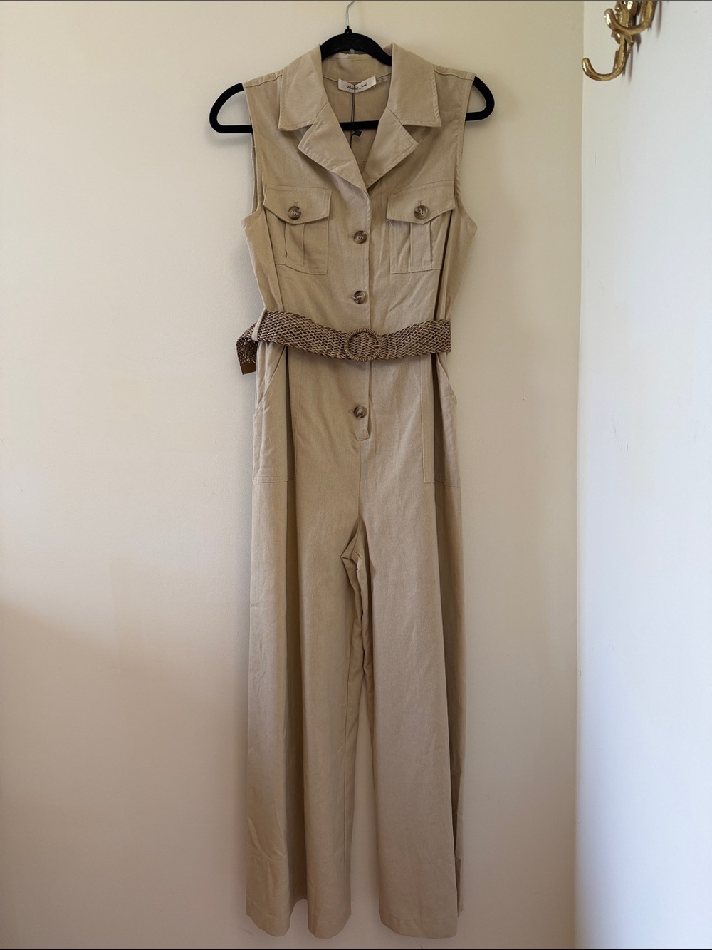 Mustard Seed Sleeveless Khaki Utility Jumpsuit with Woven Belt